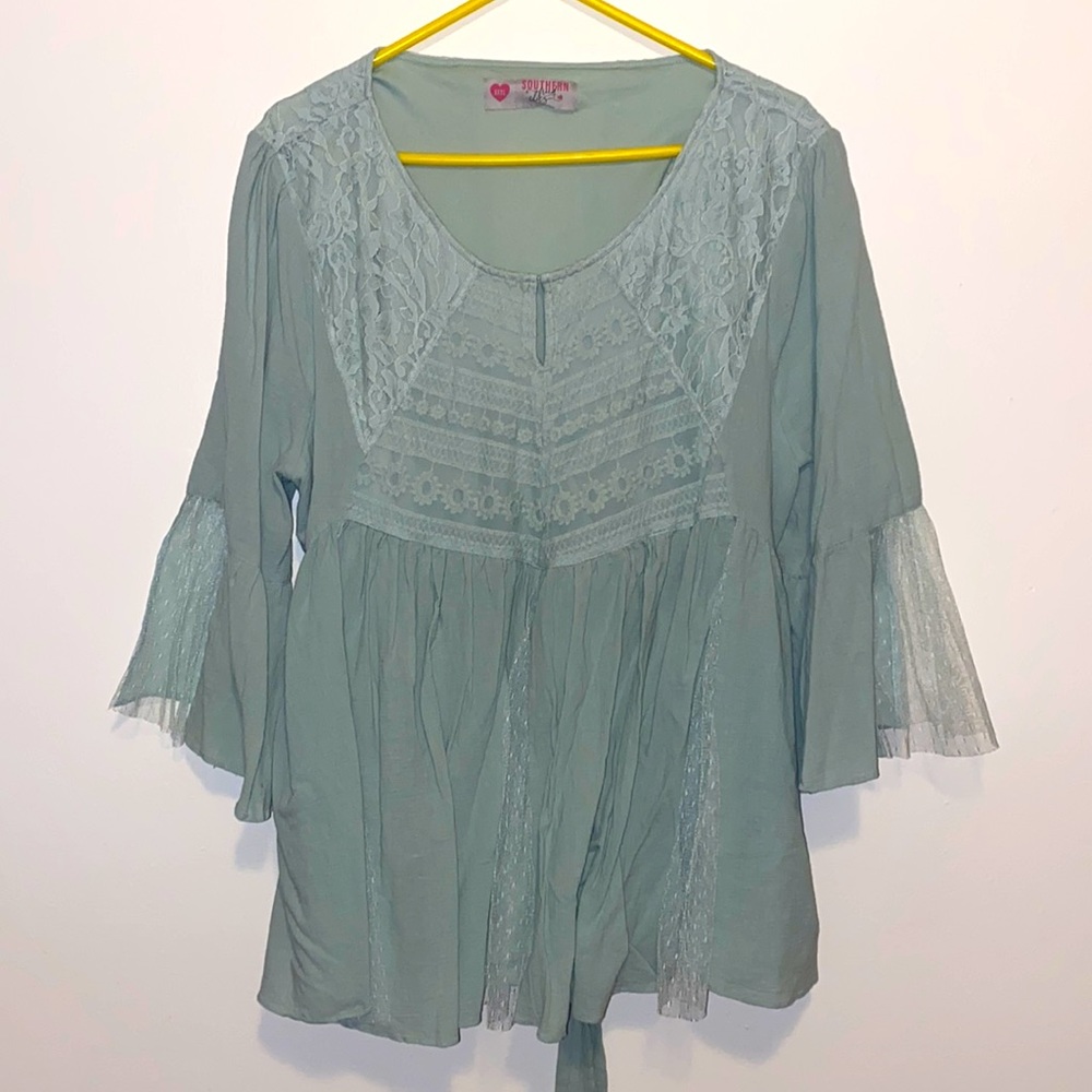 3XL Southern Fried Chics Mint Green Lacy Long Flowy Sleeve Blouse w/ Tie in Back